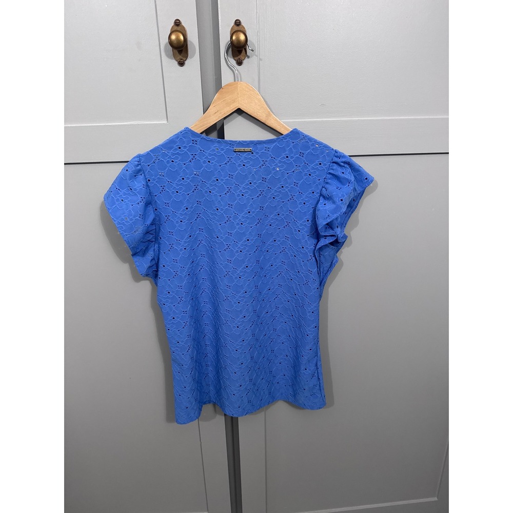 Michael‎ Kors Blue Eyelet Ruffle Sleeve V-Neck Blouse Top Small - Picture 2 of 6